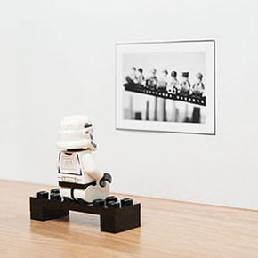 LEGO Stormtrooper looking at a LEGO Lunch Atop a Skyscraper photograph in a gallery
